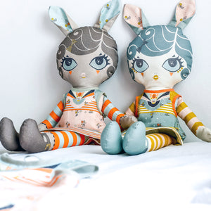 soft doll & doll's dress sewing kit in teal blue with printed toy pattern