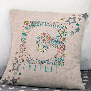 personalised new baby or christening cushion with stars, moons & glitter