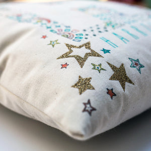 personalised new baby or christening cushion with stars, moons & glitter