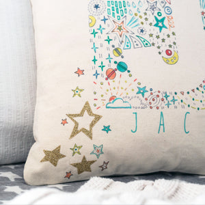 personalised new baby or christening cushion with stars, moons & glitter