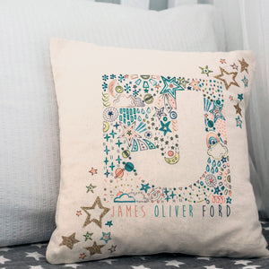 personalised new baby or christening cushion with stars, moons & glitter