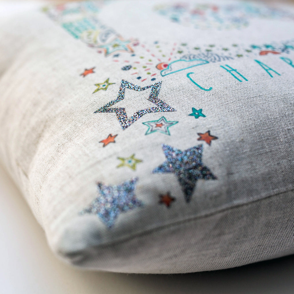 personalised new baby or christening cushion with stars, moons & glitter