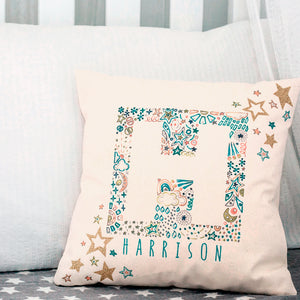 personalised new baby or christening cushion with stars, moons & glitter