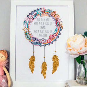 personalised dream catcher wall art in pinks with gold glitter feathers
