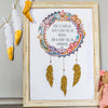 personalised dream catcher wall art in pinks with gold glitter feathers