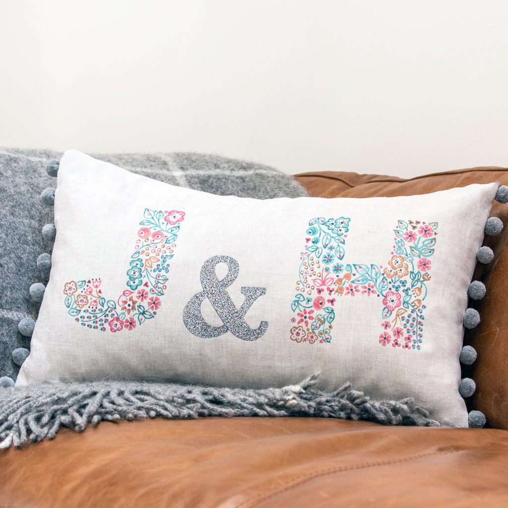 personalised wedding, anniversary or couple cushion with floral letters