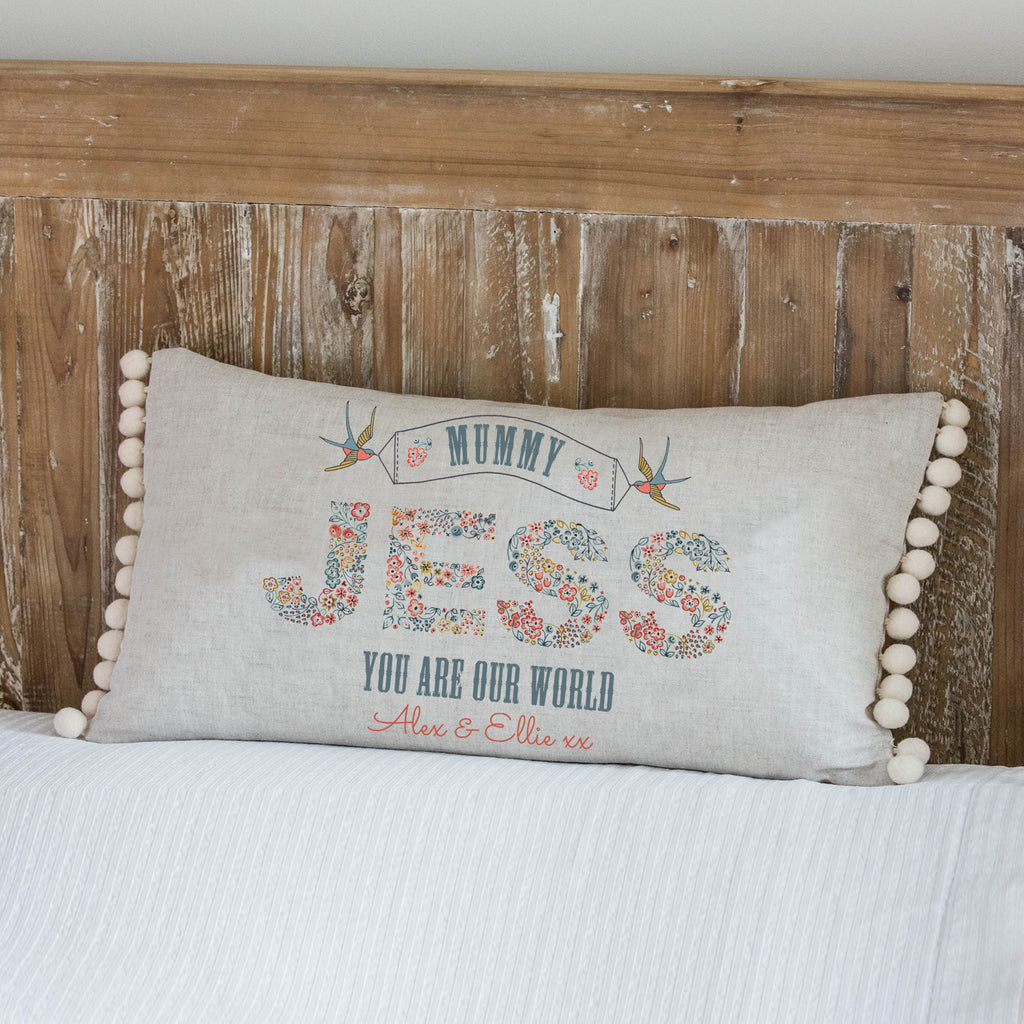 personalised mother's day cushion gift with pompoms & birds