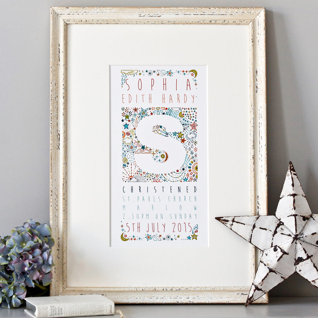 personalised moon & stars christening, baptism or naming day print gift