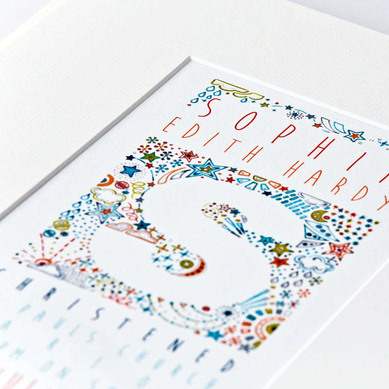 personalised moon & stars christening, baptism or naming day print gift