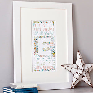 personalised moon & stars new baby print with name & birth details