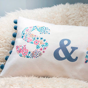 personalised wedding, anniversary or couple cushion with floral letters