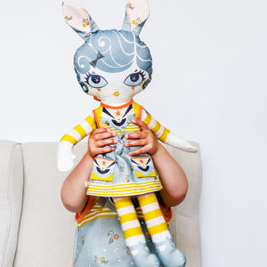 soft doll & doll's dress sewing kit in teal blue with printed toy pattern