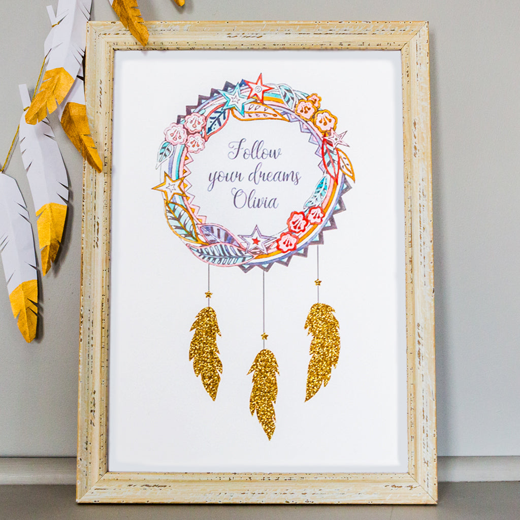 personalised dream catcher wall art in pinks with gold glitter feathers