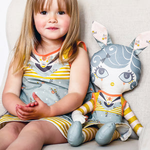 soft doll & doll's dress sewing kit in teal blue with printed toy pattern