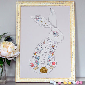 Special rabbit print with name, place and date for child's gift