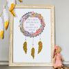 personalised dream catcher wall art in pinks with gold glitter feathers