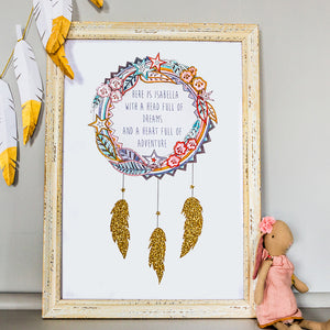 personalised dream catcher wall art in pinks with gold glitter feathers