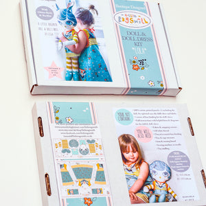 soft doll & doll's dress sewing kit in teal blue with printed toy pattern