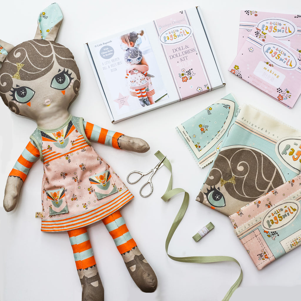 DIY sewing kit for soft doll, printed fabric pieces provided