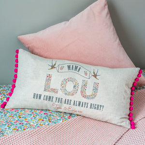 personalised mother's day cushion gift with pompoms & birds