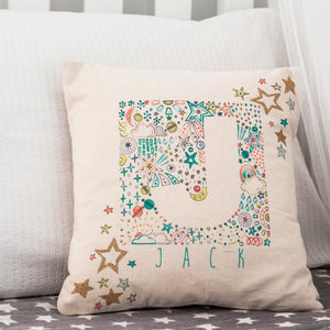 personalised new baby or christening cushion with stars, moons & glitter