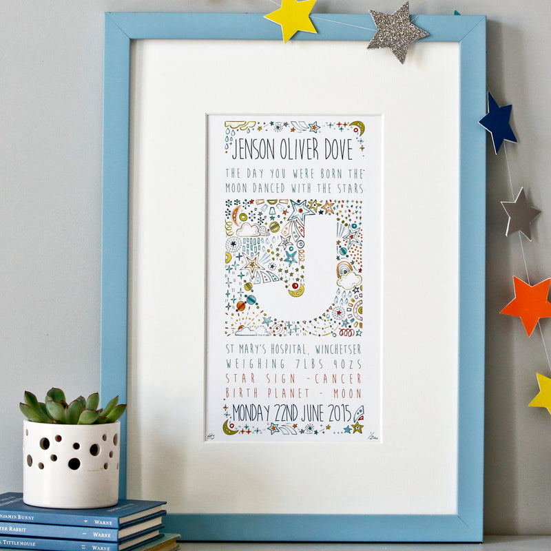 personalised moon & stars new baby print with name & birth details